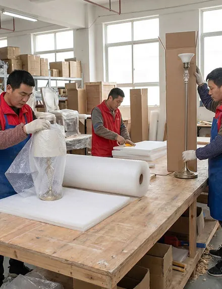 Workers wrapping furniture in protective film