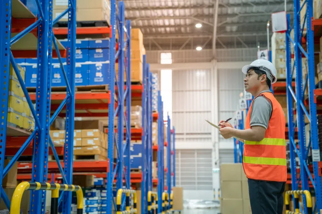 A warehouse worker checking stock beside tall storage racks