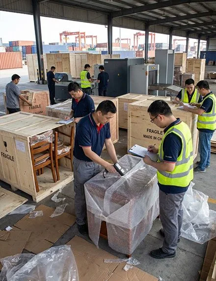 Workers checking wrapped furniture beside export crates, with port cranes behind them