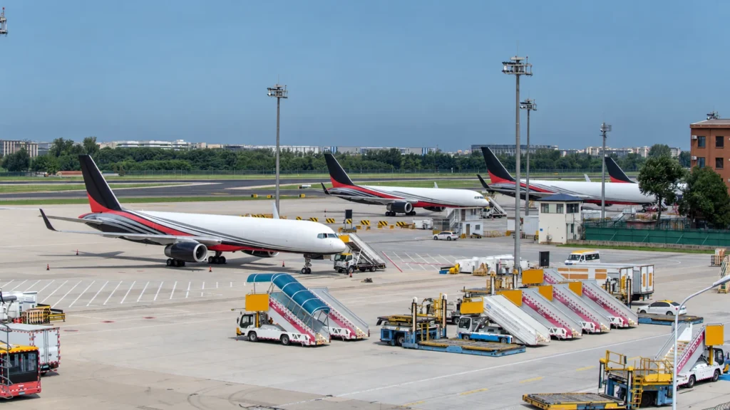 Unbranded freighters and ground-handling equipment parked on an apron.